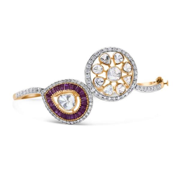 Diamond Flower & Ruby Halo Bypass Bangle Bracelet  18k Rose Gold