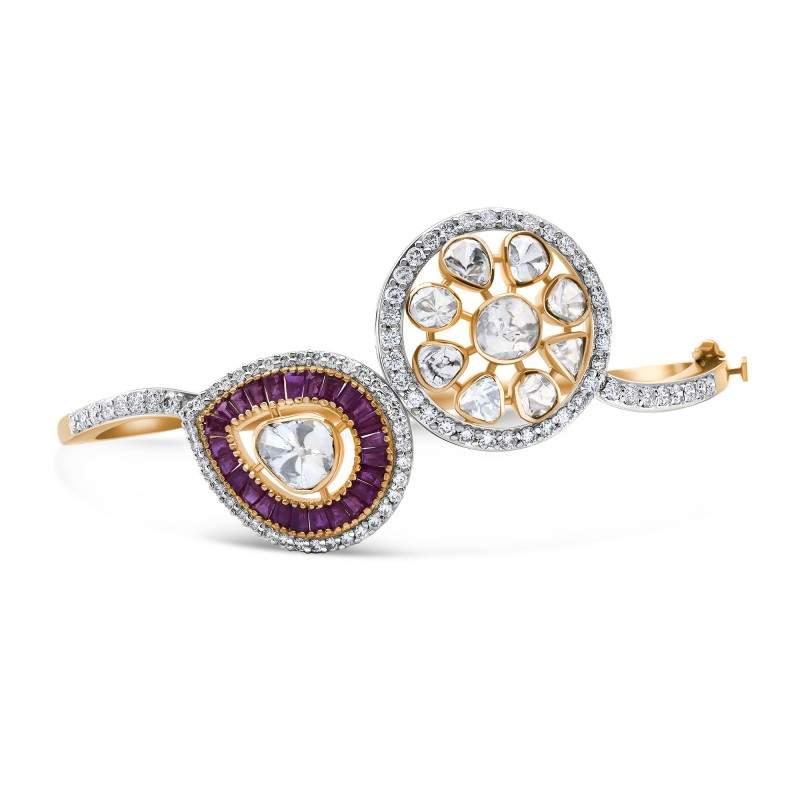 Diamond Flower & Ruby Halo Bypass Bangle Bracelet  18k Rose Gold